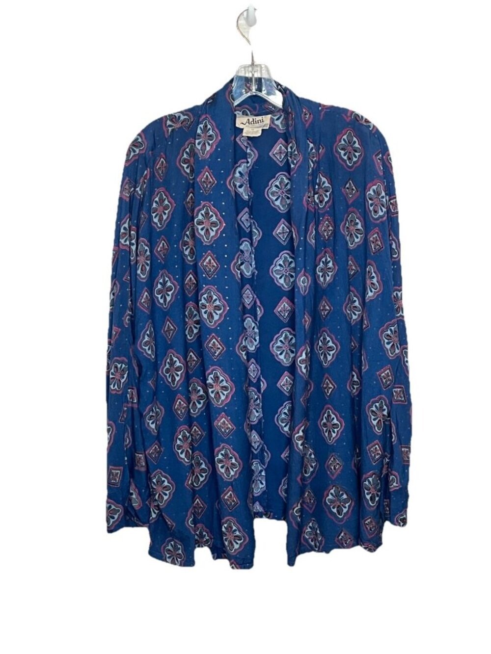 Vtg Adini Rayon open Front Jacket Sz M Blue Boho Medallion Print Duster Artsy